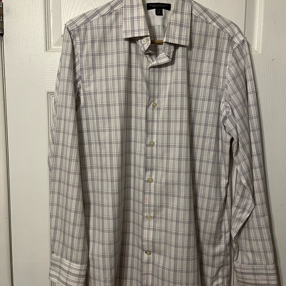 Banana Republic White and Gray Dress Shirt Classic Plaid | GUC | MED